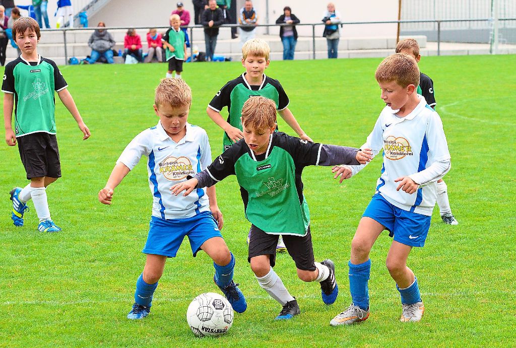 Die Spiele des Turniers im Bergdorf waren oft eng und umkämpft, auch beim F-Jugend-Spiel von Schweighausen (grüne Trikots) gegen Seelbach.