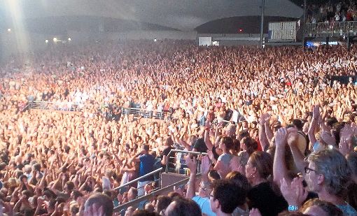 Man sieht nur noch Hände: Die Colmarer Weinmesse zieht jedes Jahr Hunderttausende Besucher an, auch wegen der Top-Konzerte, wie hier diese Woche bei Pop-Sänger Sting in der Messe-Arena mit 10 000 Fans.  Foto: Braun