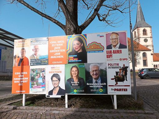 Auch von dieser Plakatwand auf dem Friesenheimer Rathausplatz wurde Wahlwerbung abgerissen. Die FDP hat alle wieder aufgehängt, ließ Kandidatin Regina Sittler über die sozialen Medien wissen. Foto: Bohnert-Seidel