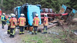 Die Oberwolfacher und die Wolfacher Feuerwehr sind am Samstag ausgerückt, um einen umgestürzten Lastwagen im Schwarzenbruch zu bergen. Foto: Bea