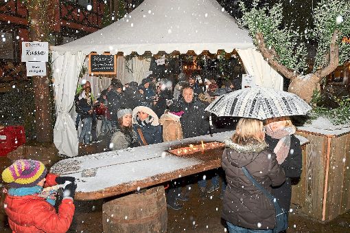 Reges Schneetreiben trug zur weihnachtlichen Stimmung auf dem Markt an der Dammenmühle bei. Foto: Wendling