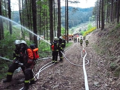Ein Fahrzeugbrand im Wald bei Bollenbach: Das war die Übungsannahme für die entsprechende Gruppe.  Foto: Knupfer Foto: Schwarzwälder Bote