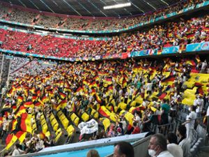 Ein Fahnenmeer in Schwarz-Rot-Gold: Die Fans in der Münchener Arena machen ordentlich Stimmung, als die deutsche Mannschaft einläuft. Während des Spiels war es aber oft zu ruhig. Foto: Lübke