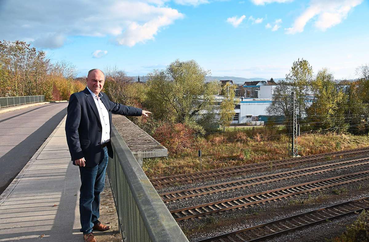 Mahlbergs Bürgermeister Dietmar Benz zeigt auf die vier Gleise, die zum Bahnhof Orschweier führen. Er fordert, diese beim Rheintalbahn-Ausbau nicht zu ertüchtigen, sondern stattdessen vier Gleise an die A 5 zu legen. Foto: Göpfert