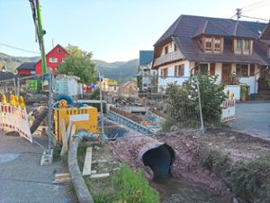Derzeit laufen in Bollenbach die Pflasterarbeiten vom Dorfplatz aufwärts.Die Hochwasserschutzmaßnahmen in Bollenbach sollen im November abgeschlossen sein.Foto: Störr Foto: Schwarzwälder Bote