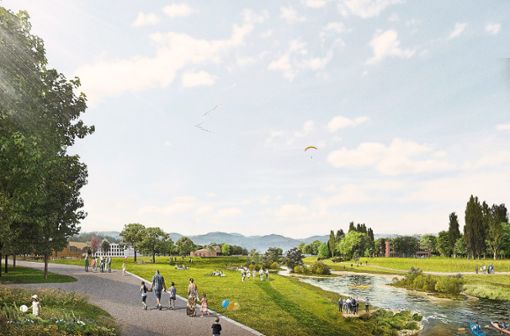 So könnte die Kinzig künftig aussehen: Die Renaturierung des Flusses im Stadtgebiet ist ein Kernelement der Landesgartenschau 2032..Visualisierung: Filon/Helleckes Foto: Lahrer Zeitung