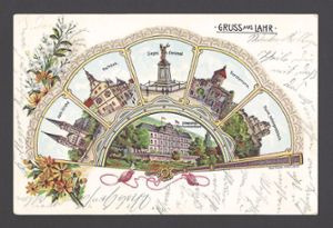 Diese alte Ansichtskarte aus dem Jahr 1903, als Fächerkarte bezeichnet, zeigt die Sehenswürdigkeiten in der Stadt Lahr. Foto: Eble Foto: Lahrer Zeitung