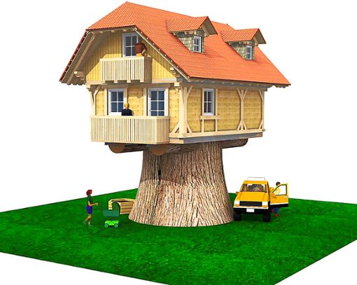 Der künstliche Baumstamm dient als Treppenhaus, oben wird gewohnt:  So sollen die insgesamt zehn Ferienhäuser später einmal aussehen.  Foto: Visualisierung: Holzbau Gottfried Lehmann