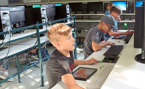 Die Seelbacher Jungs Jona, Finn und Louis hatten Spaß dabei, am Mini-Computer   zu programmieren. Foto: Kiryakova Foto: Lahrer Zeitung