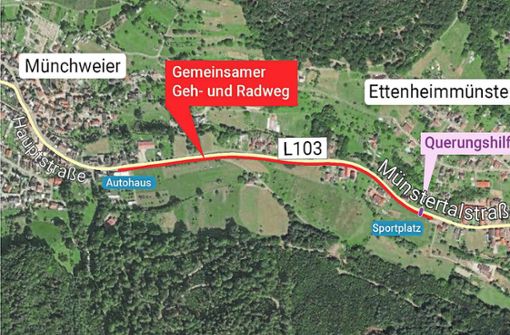 Der neue Rad- und Gehweg zwischen Münchweier und Ettenheimmünster Foto: Mapcreator.io/Geitlinger