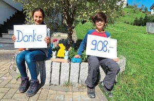 Die Geschwister Melina und Benedikt Schuler haben mit ihrem Spendenstand 908 Euro zusammenbekommen. Foto: Bea