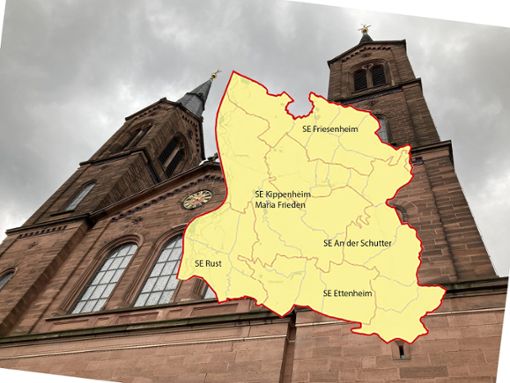 Von Friesenheim im Norden bis Ettenheim im Süden reicht die künftige Lahrer Großpfarrei.  Grafik: Erzdiözese/Foto: Bender/Montage: Meurer