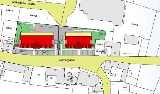 Von der Meiergartenstraße aus werden vier  Vollgeschosse der beiden neuen Wohngebäude (rot) zu sehen sein, von der Bromergasse aus nur zwei davon.  Grafik: Zink Ingenieure