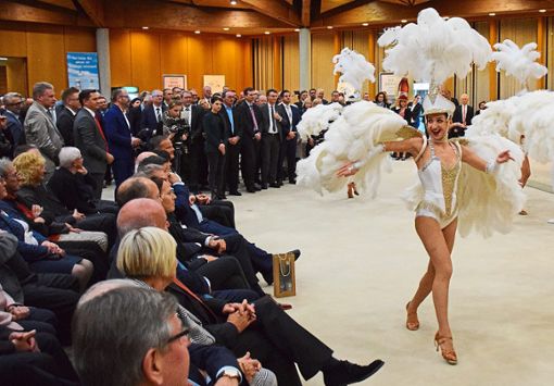 Außergewöhnlich locker ging es beim Neujahrsempfang des Landkreises zu. Tänzerinnen des Europa-Parks sorgten mit einer Reise um die Welt für Unterhaltung der rund 600 geladenen Gäste im Landratsamt.  Foto: Braun