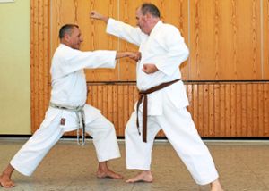 Peter Voll (links) und Uwe Drescher beim Training – die beiden leiten den Herbolzheimer Karate-Verein.  Foto: Schnabl Foto: Lahrer Zeitung