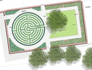 Das Labyrinth soll unter anderem aus Heilkräutern gestaltet sein. Rund um das Labyrinth herum sollen zudem einige Bänke aufgestellt sein, auf denen die Besucher zur Ruhe kommen können.  Grafik: Kappis