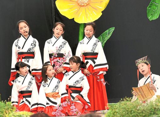Mit ihren farbenfrohen Kostümen boten die chinesischen Schüler ein farbenfrohes Bild auf der Bühne im Seepark.  Foto: Kü Foto: Lahrer Zeitung