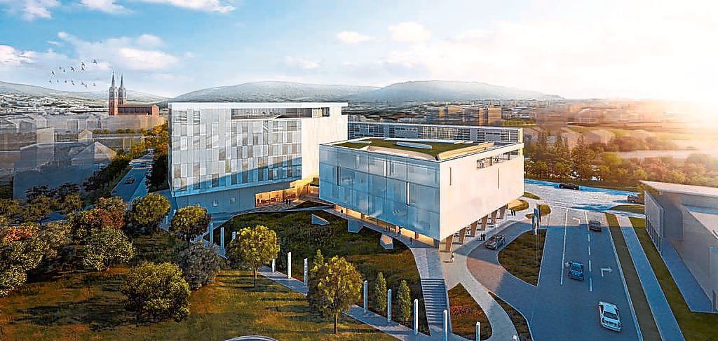So soll das neue Hotel mit Konferenzgebäude auf dem Areal Stadtbahnhof aussehen. Die Visualisierung zeigt rechts einen Teil des Arena-Einkaufszentrums, dazwischen die Ausfahrt auf den Autobahnzubringer.