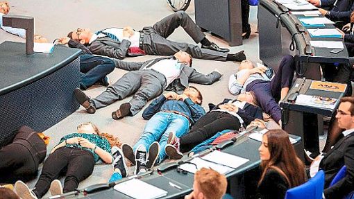 Rund 20 Jugendliche stellten sich im Parlament tot, um ein Zeichen für den Klimaschutz zu setzen. Unter ihnen war auch Eric Matt.   Foto: Soeder