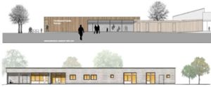 Holz dominiert: So könnten  die neue Kita in Kappel (Ostansicht, unten) und die Schule in Grafenhausen (Mensa) einmal aussehen.  Foto: Grafiken: Gemeinde
