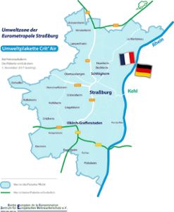 Diese Karte des Zentrums für Europäischen Verbraucherschutz zeigt die betroffene Zone sowie die Straßen in und um Straßburg, auf denen die Umweltplakette Pflicht ist.  Foto: Karte: ZEV